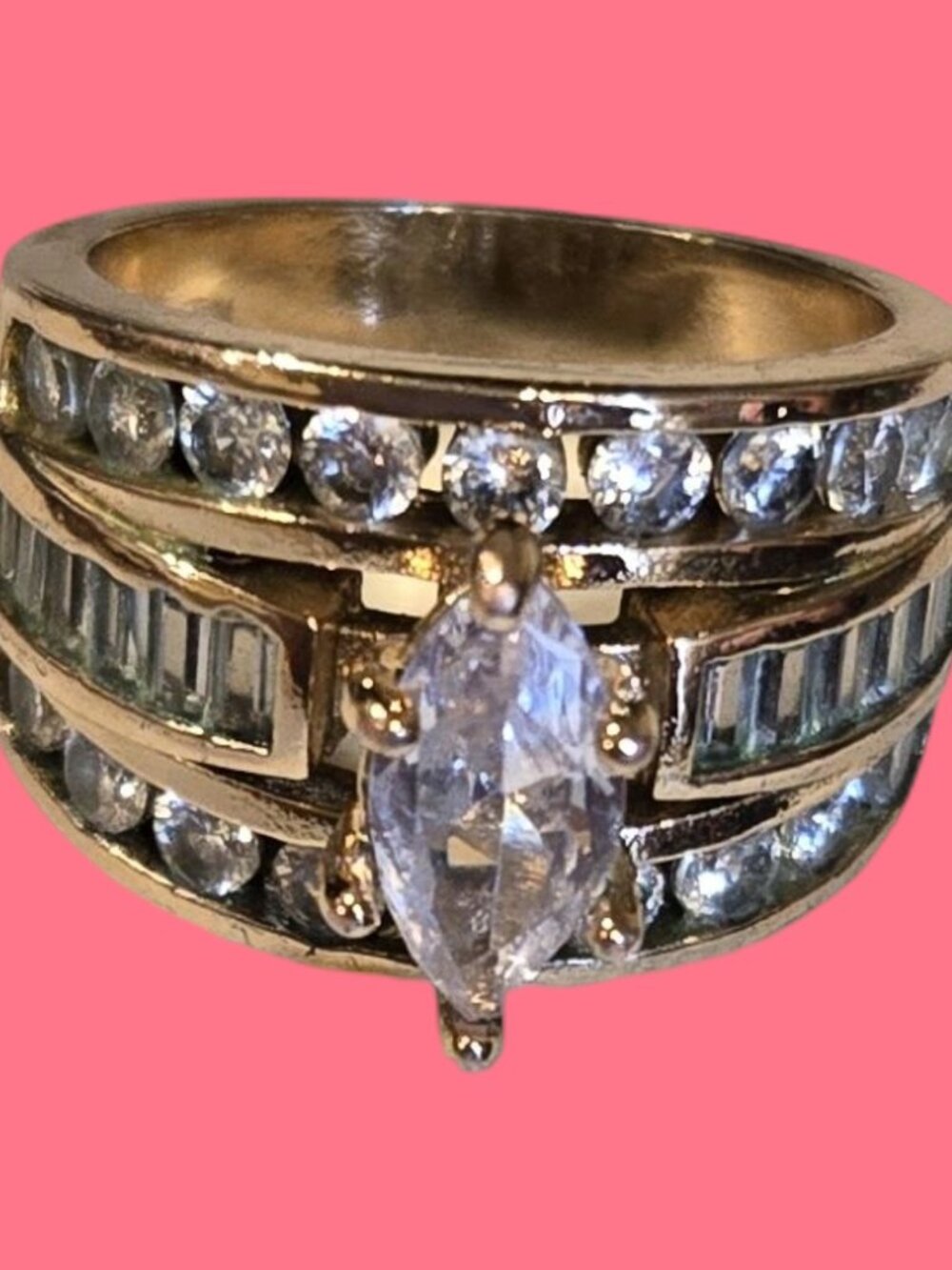 CZ Gold plated ring 6.5 marquise main stone